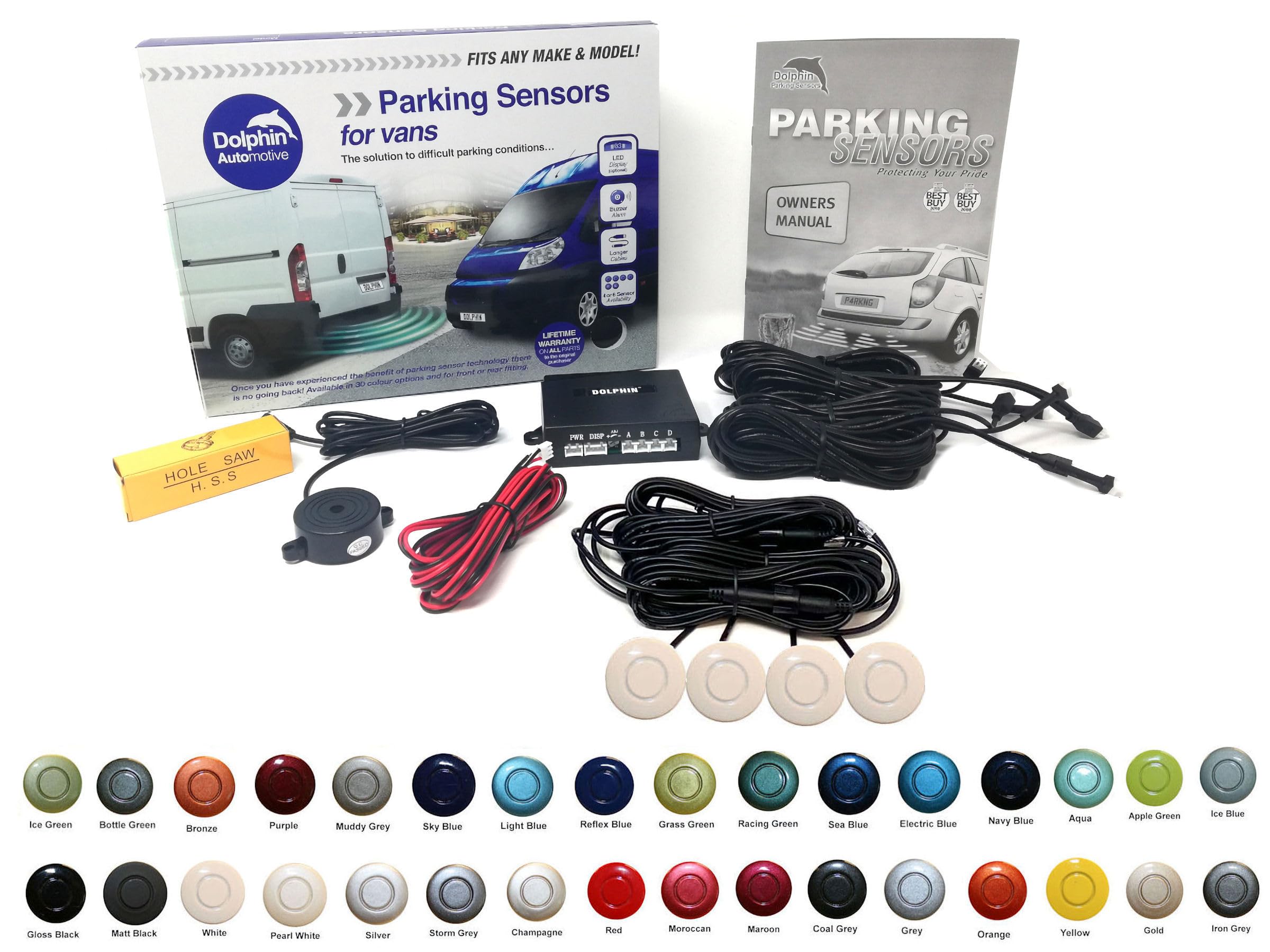 Dolphin Automotive VPS400 Rear Van Reverse Parking Sensor Rear Kit, 4 Sensors with Extensions and Audio Alerts (White)