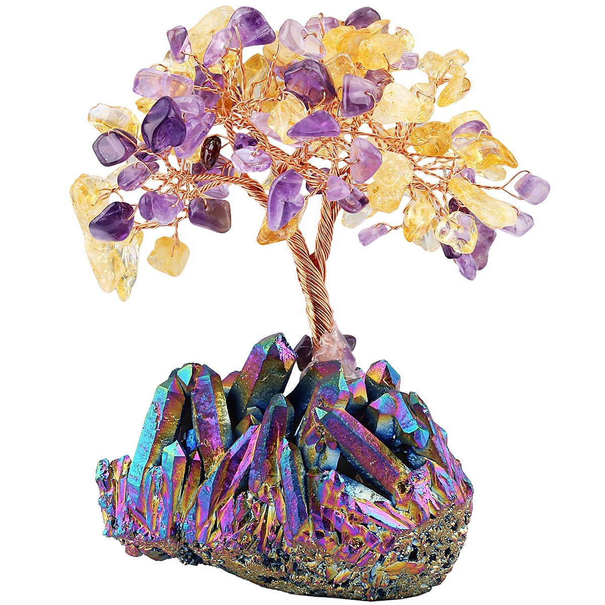 mookaitedecor Natural Amethyst Citrine Crystal Money Tree,Gemstone Feng Shui Ornaments Tree of Life Figurines,Titanium Coated Rainbow Stone Cluster Base