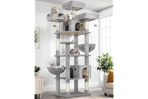 Globlazer Cat Trees and Towers for Multiple Adult Cats, 82-inch XXL Tall Cat Tree Tower for Indoor Cats with Scratching Post, 3 Perches, 2 Condos, 2 Hanging Baskets, F82, Light Grey