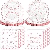 100PCS Pink Bow Party Plates and Napkins Pink Bow Birthday Tableware Set Coquette Birthday Party Supplies Serve 50 Guests for Women Birthdays Girl Bachelorette Coquette Tableware Supplies