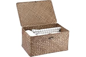Hipiwe Wicker Shelf Baskets Bin with Lid, Handwoven Seagrass Basket Storage Bins Rectangular Household Basket Boxes for Shelf Wardrobe Home Organizer, Coffee Large