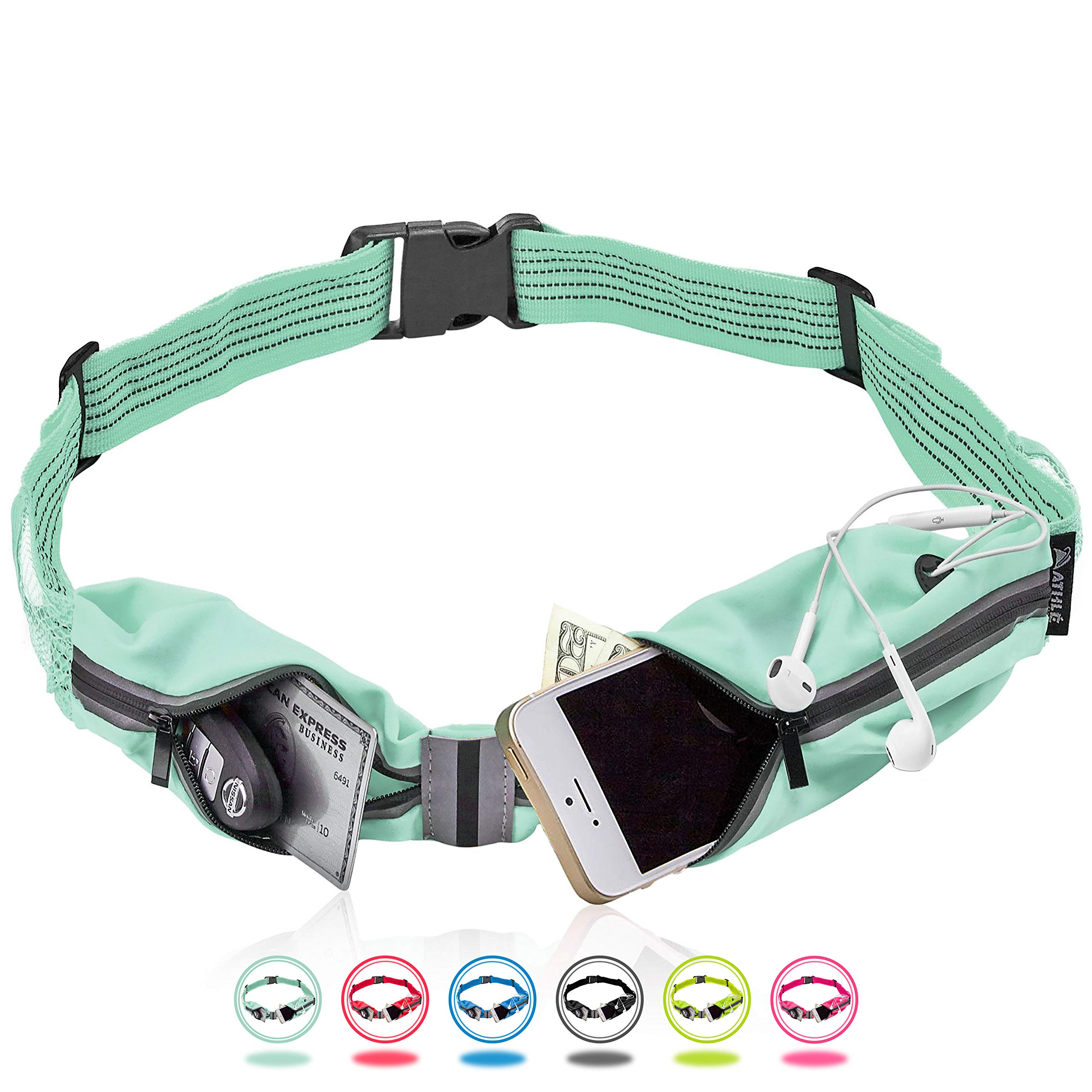 Athle Sport Waist Running Belt, Adjustable Jogging and Exercise Fanny Pack Storage Pouch for Phone, Keys and Wallet 360° Reflective Band, Headphone Slot, Key Hook,Fits iPhone Plus, Ga