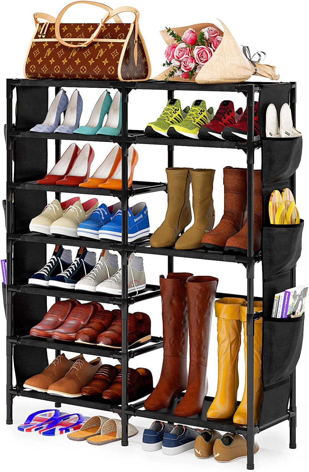 bamboo shoe rack amazon on Amazon Com Celaform 7 Tier Shoe Rack Storage Organizer W Side Hanging Bags Non Woven Shoes Shelf Boot Organizer For Closets Entryway And Bedroom Home Improvement