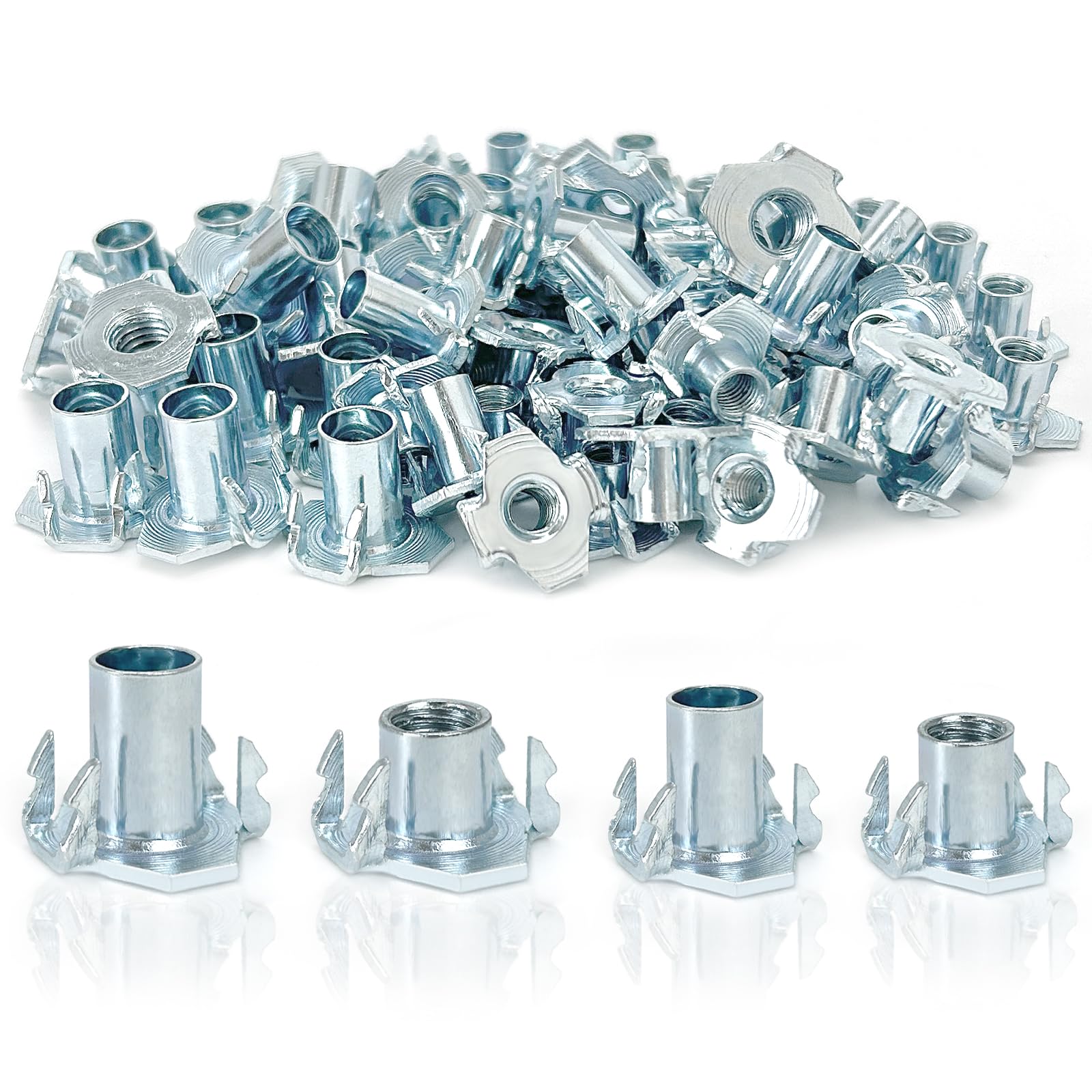 120pcs Four Pronged T Nuts Kit, Carbon Steel M6/M8 Drive-in Nuts with 4 Drive-In Tips，Barb Claw Nut Threaded Inserts Drive in Tee Nuts for Wood Furniture
