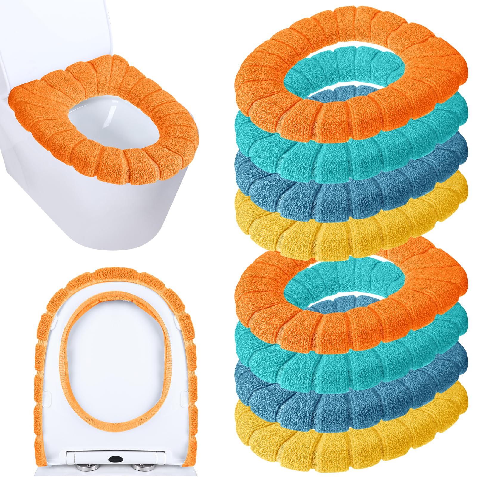 Photo 1 of 6 Pcs 11.8 Inch Thicker Bathroom Toilet Seat Cover Pads Soft Comfortable Toilet Seat Cushion Cover Stretchable Toilet Seat Warmer Easy Installation Cushioned Lid Covers (Yellow, Blue, Green)