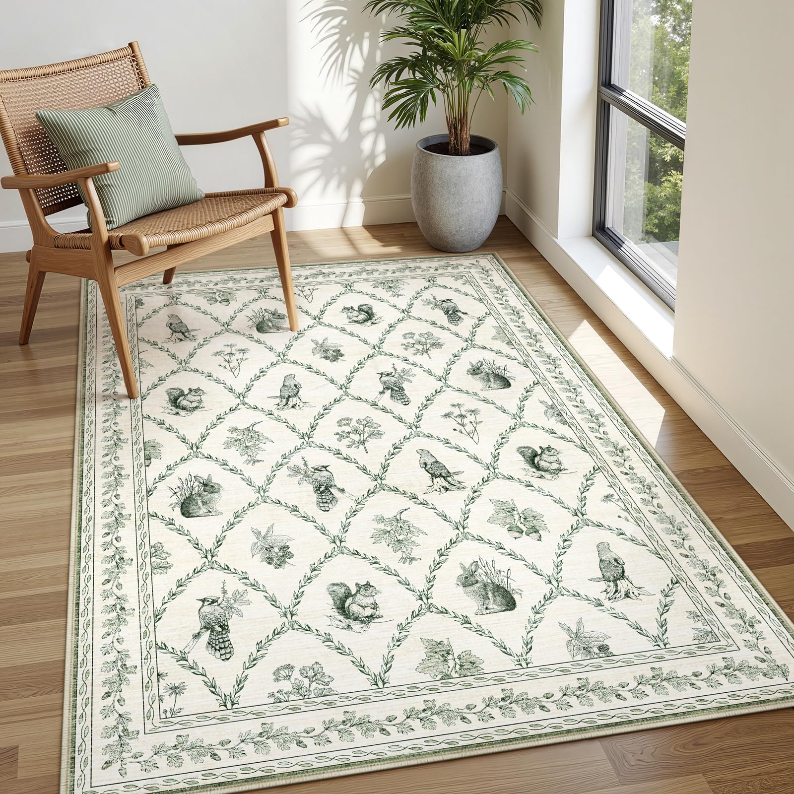 Photo 1 of Dadasgk Floral Washable Living Room Rugs, 5x7 Green Area Rugs for Bedroom ????Nursery, Ultra-Thin Soft Non-Slip Stain Resistant Boho Cute Animal Print Throw Carpet for Kids Playroom Office,Olive Green