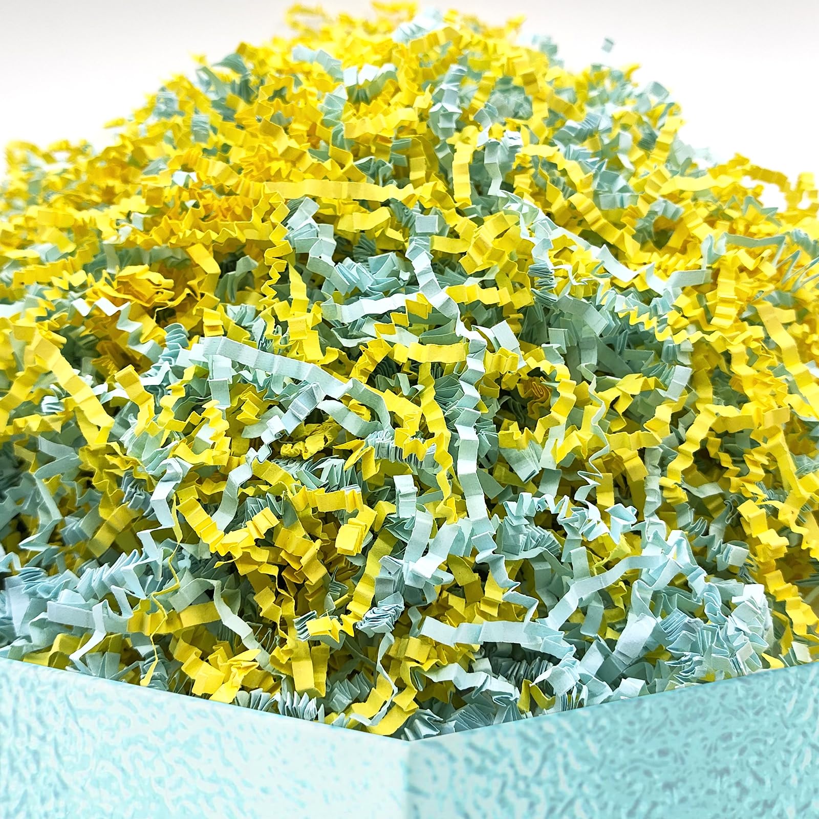 Photo 1 of DOTUHAO Crinkle Cut Paper Shred, Blue & Yellow Color Crinkle Paper, Gift Basket Filler, Gift Box Filler Paper Shreds, Raffia Grass great for Gift Wrapping, Basket Filling (Blue & Yellow,4 oz)