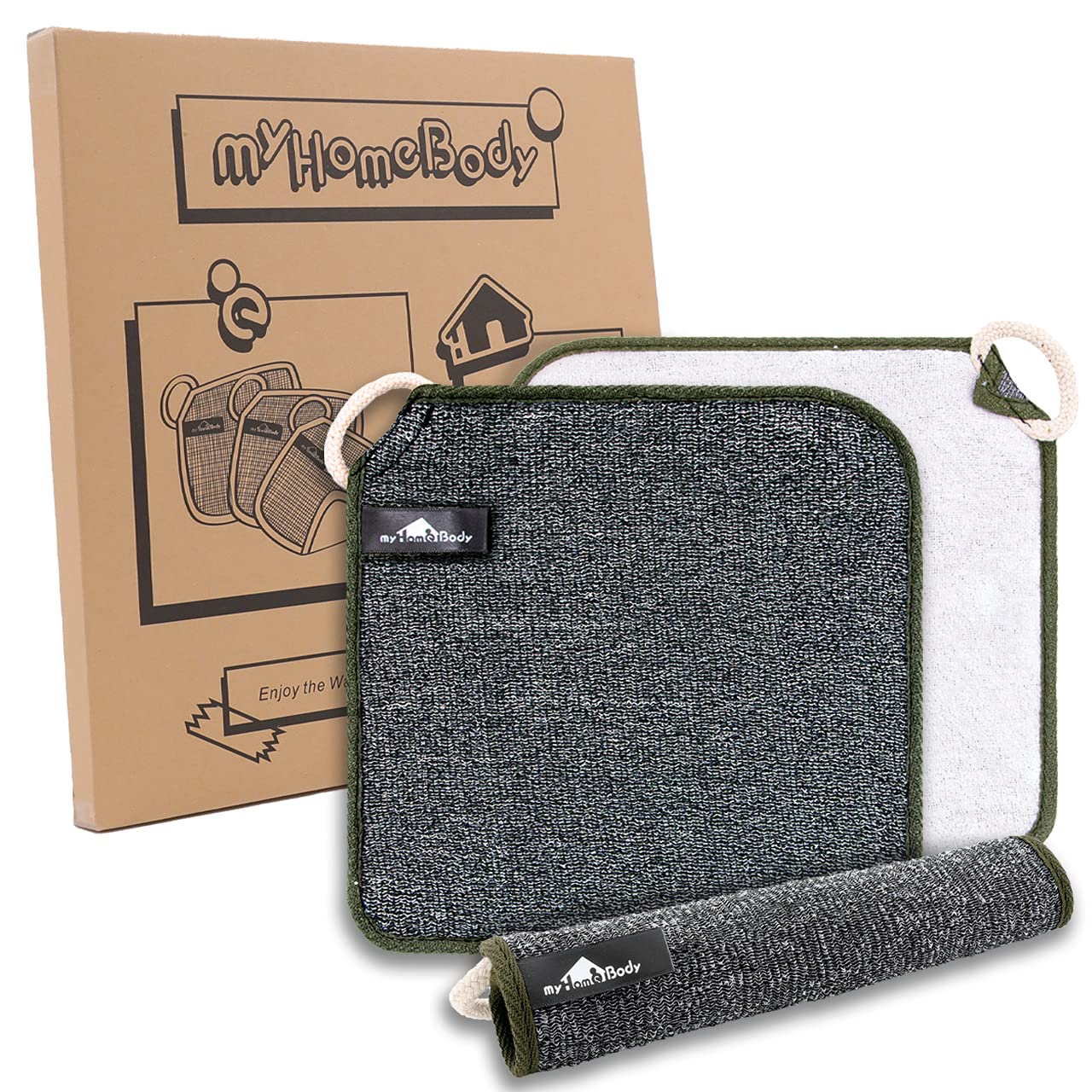 myHomeBody Dual-Textured Exfoliating Washcloth with Soft and Scrubbing Side, Body Exfoliation Luffa Wash Clothes for Bath, Shower, Durable 3 Layer Construction, Gray, 3 Pack