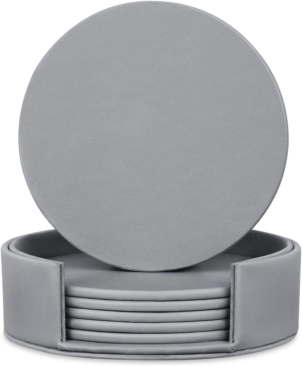 THIPOTEN Gray Coasters for Drinks, 6 Pcs Faux Leather Coasters with Holder, Perfect