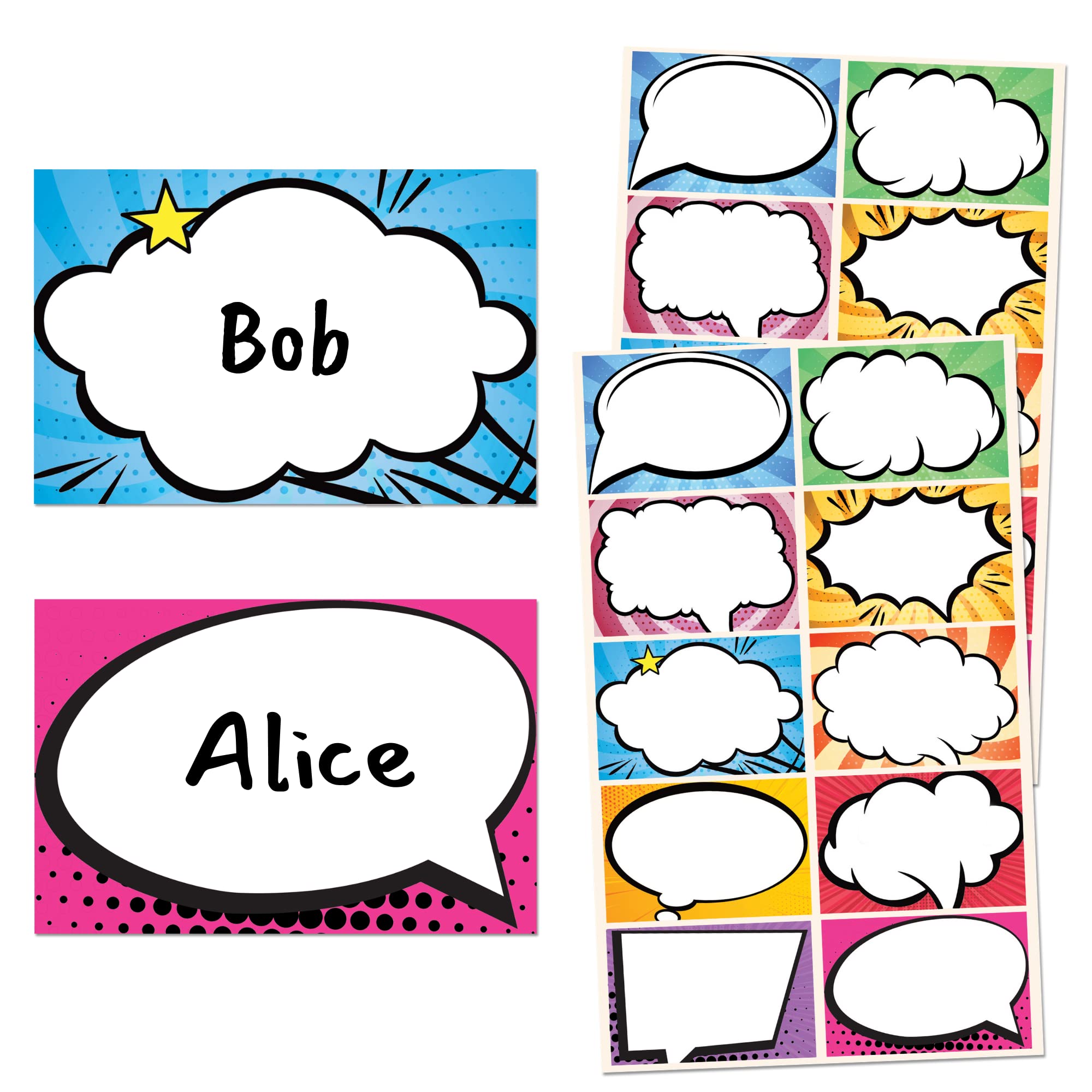 Superhero Comic Name Stickers - 7.5 x 5cm, 10 Designs, Pack of 250
