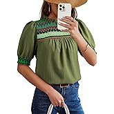 Dokotoo Summer Tops for Women Casual Crewneck Puff Short Sleeve Boho Pleated Shirts Embroidered Blouses Tunic