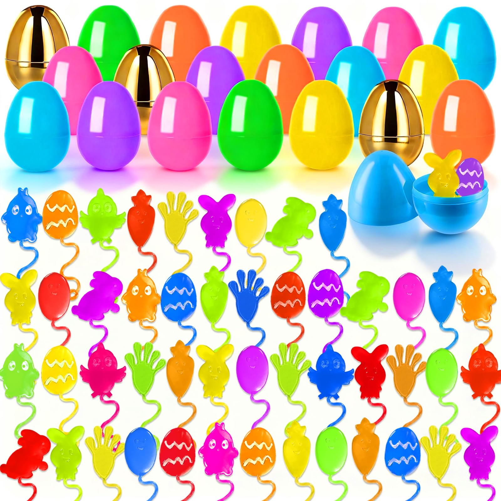 24 Pack Prefilled Easter Eggs with 48 Pcs Sticky Hands Toys for Kids - Plastic Easter Eggs with Sticky Hands Boys Girls Easter Basket Stuffers Fillers Party Favors Egg Hunt Classroom Prizes