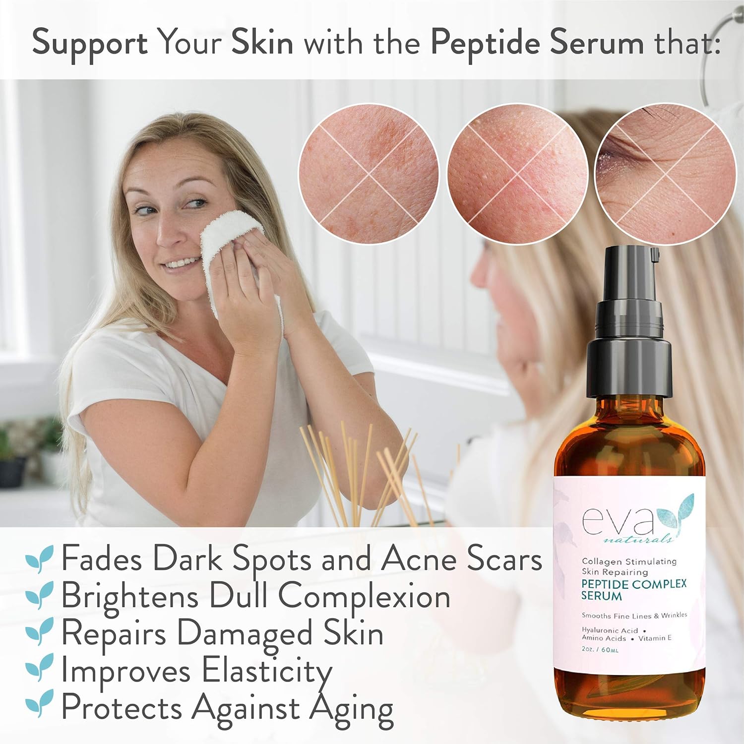Peptide Complex Serum by Eva Naturals (2 oz) - Best Anti-Aging Face Serum Reduces Wrinkles and Boosts Collagen - Heals and Repairs Skin while Improving Tone and Texture - Hyaluronic Acid & Vitamin E: Beauty