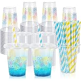 Whaline 50Pcs Cartoon Sponge Plastic Cups with Lids Straws Colorful Bikini Flower Clear Plastic Cups 12oz Disposable Cup for Birthday Baby Shower Party Favors Supplies