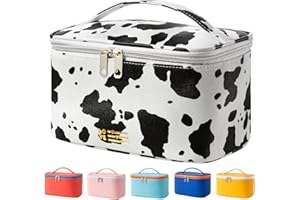 PRITE Makeup Bag Portable Travel Cosmetic Bag for Women, Beauty Zipper Makeup Organizer PU Leather Washable Waterproof (Cow Print)