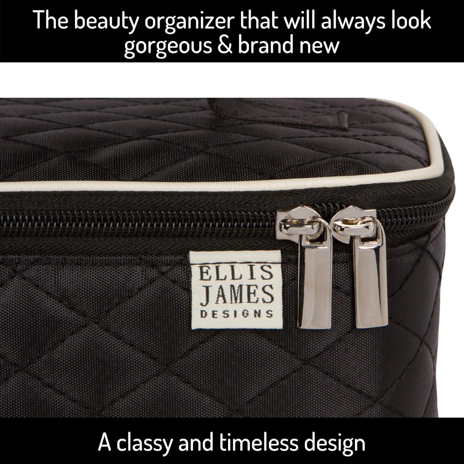 Ellis James Designs Large Travel Makeup Bag Organizer - Cosmetics Train Case Toiletry Bags for Women - Black - With Handle & Make Up Brush Holders - Professional Hair Dryer Cases & Beauty Storage : Beauty