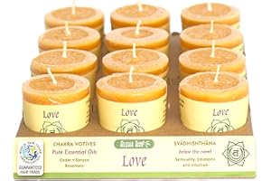 Premium Scented Hand Made Chakra Energy Candle | Votive 12-pack | Love, Svadhishtana| Yoga, Prayer & Meditation Candle | Long Burn |Essential Oils Cedar, Spruce, Rosemary | Aloha Bay
