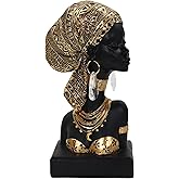 Lescafita African Lady Bust Sculpture with Golden Headwrap – Resin Figurine with Earrings and Necklace, Modern African Woman Statue for Home Decor and Cultural Gift