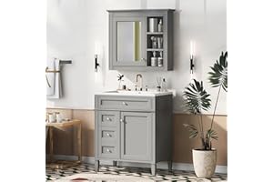 Virubi 30" Bathroom Vanity with Matching Medicine Cabinet, Modern Sink Storage Cabinet with Drawers, Soft Closing Doors and Shelf, Bathroom Vanities with Sink & Mirror