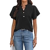 LOOKBOHO Dressy Tops for Women Casual Business Work Blouses Ruffle Short Sleeve V Neck Trendy Summer Button Down Tshirt XL Black-a