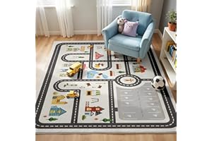 NAYOROOM 5x7ft Kids Town Road Play Rug - Non-Slip Faux Wool Carpet with Interactive City Map Design, Educational Toy Vehicle Mat for Kids, Bedroom Playroom Nursery Gift.