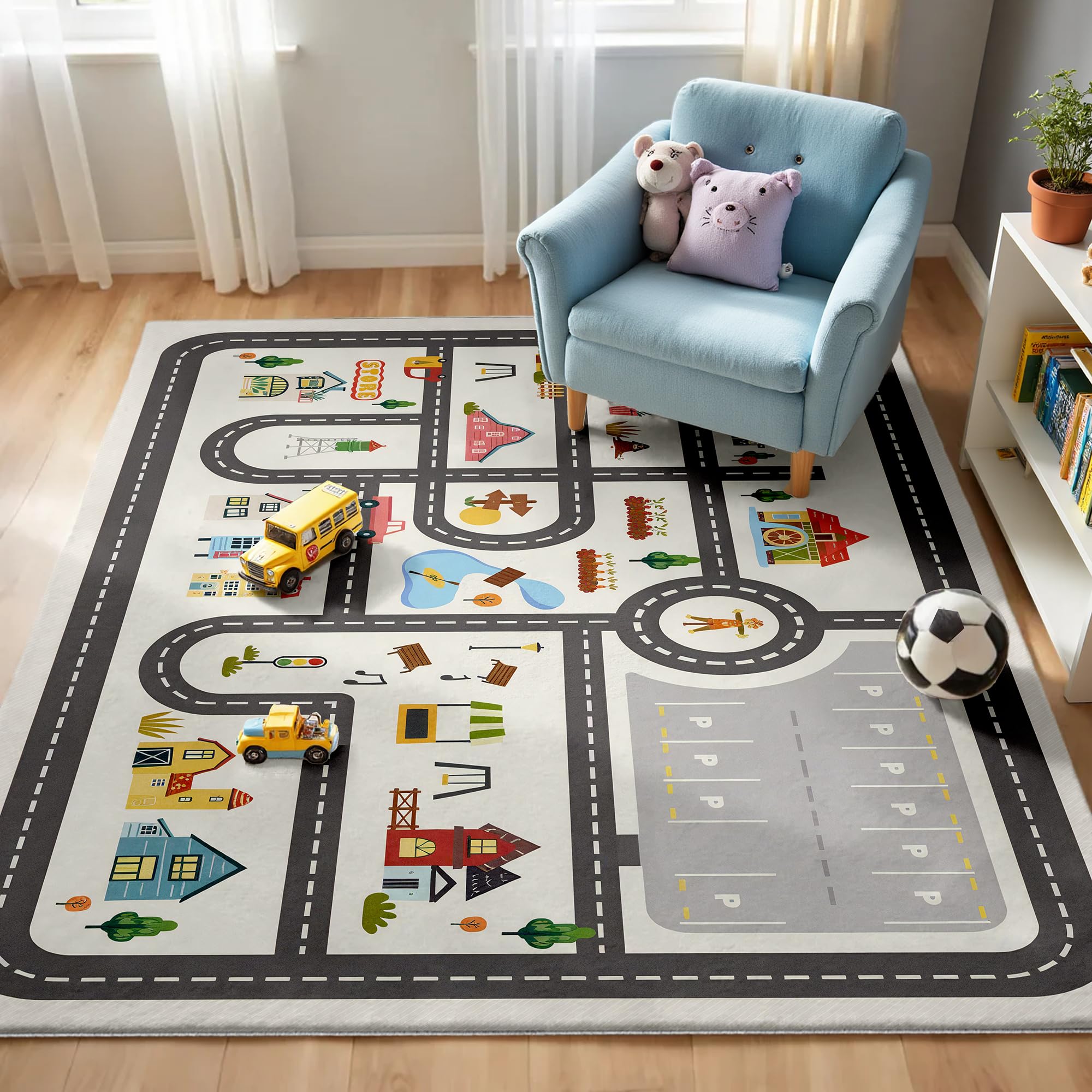 Photo 1 of 5x7ft Kids Town Road Play Rug - Non-Slip Faux Wool Carpet with Interactive City Map Design, Educational Toy Vehicle Mat for Kids, Bedroom Playroom Nursery Gift.