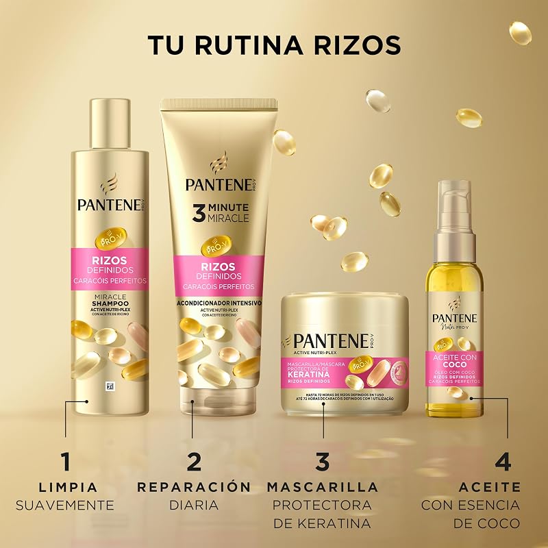 Pantene defined curls miracle shampoo 250ml, máscara 300ml, condicionador 3mm 220ml, curl styler 145ml, cachos rebeldes e crespos