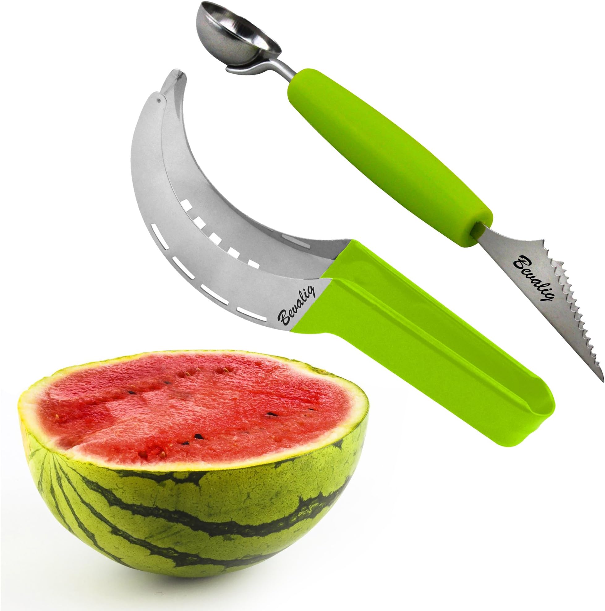 Premium Watermelon Slicer Corer & Server with Melon Baller and Fruit Carving Knife (2 in 1) - Slice Right Cutter for Melons, Pumpking & More - Easy to Use Fruit Tools