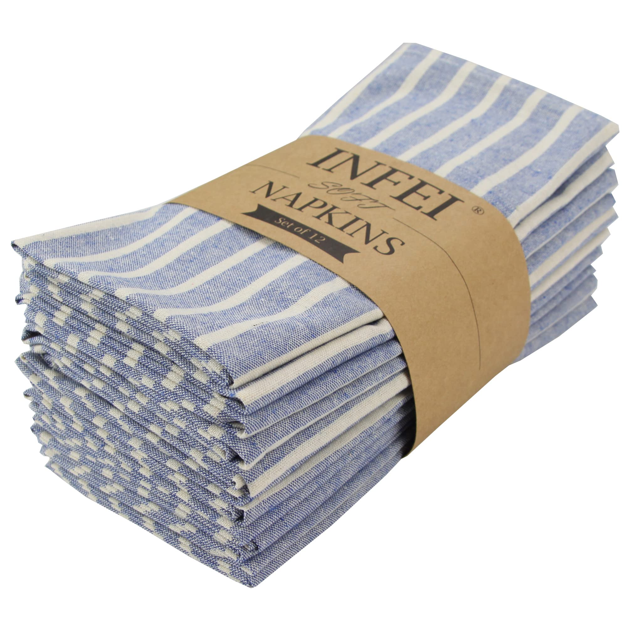 INFEI Broad Striped Cotton Blended Dinner Cloth Napkins - Set of 12 (17 x 17 inches) - for Events & Home Use (Blue)