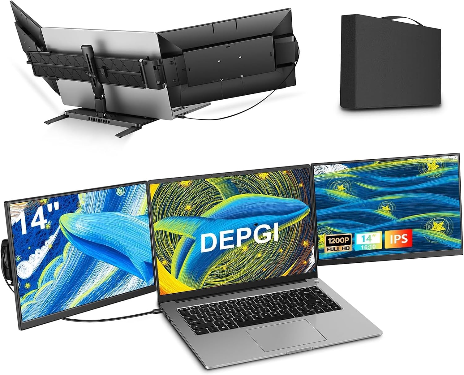 DEPGI 14" Laptop Screen Extender, 1200P FHD One Cable Connect Portable Triple Monitor, Dual Screen Monitor Fits 13"-17.3" Laptop with Stand for MacOS/Windows
