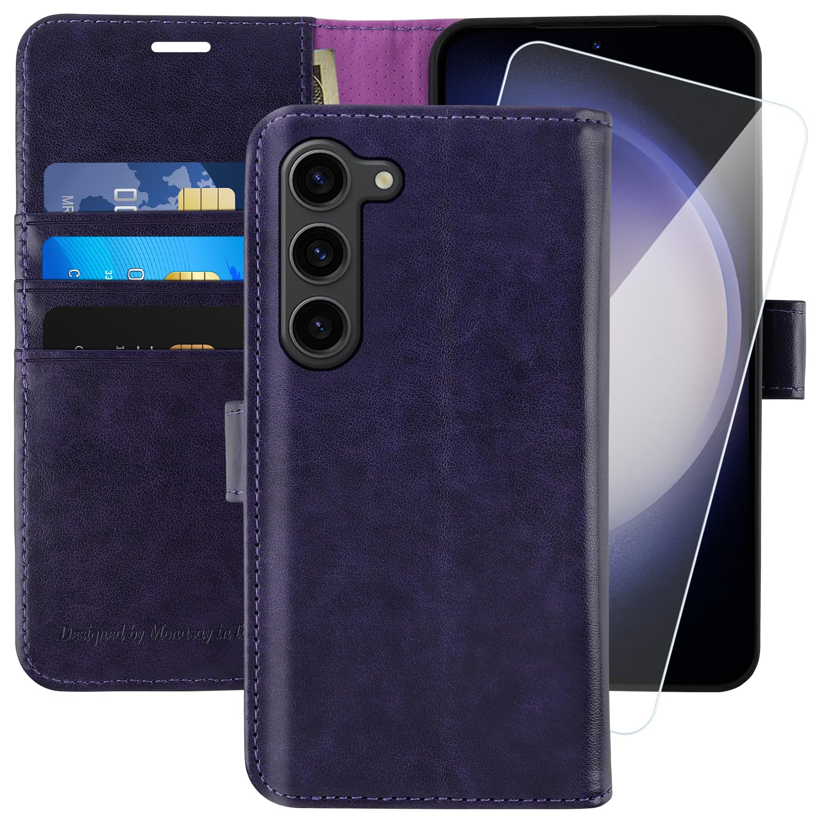 MONASAY Wallet Case Compatible for Galaxy S23 5G,[RFID Blocking] Flip Folio Leather Cell Phone Cover with Credit Card Holder, 6.1 inch, Purple