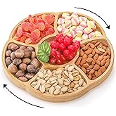 Cididu 12'' Lazy Susan Serving Tray, Bamboo Food Tray, Appetizer Divided Serving Platter Dishes, 360° Rotating Relish Party Tray, 6 Compartments Bamboo Tray for Snack Nut Fruit Veggie Chip and Dip