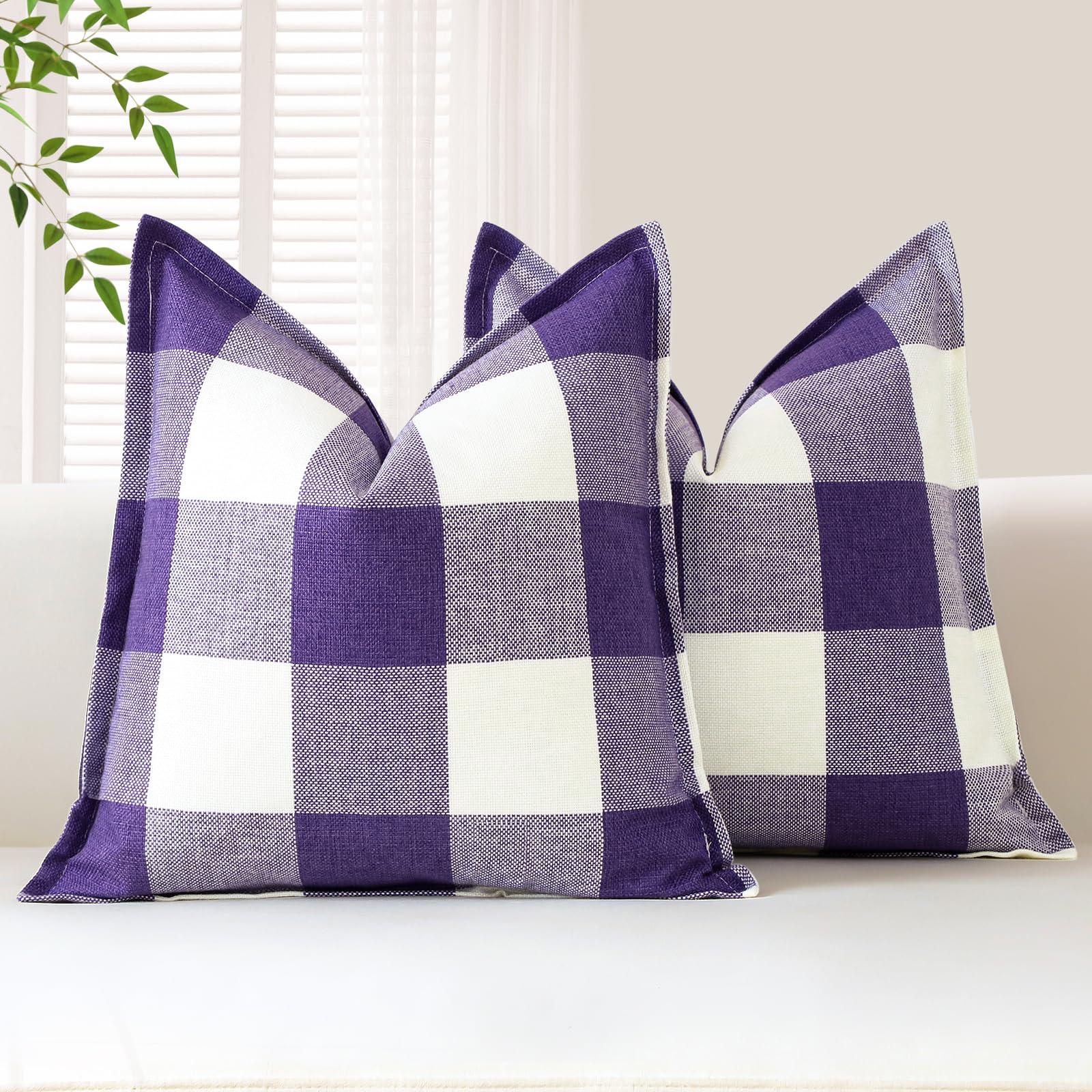 Sungeek Buffalo Check Plaid Cushion Covers 40 x 40 Set of 2 Linen Christmas Tartan Decorative Square Pillow Covers with Stitched Edge for Sofa Couch Bed Living Room 16x16 Inch (Purple)