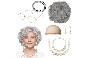 7 Pcs Old Lady Costume for Kids & Women | 100 Days of School Costume Set | Grey Wigs for Women Granny Grandma Cosplay