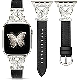 JR.DM Leather Watch Bands for Women Compatible with Apple Watch 46mm 42mm(S3/2/1) 44mm 45mm 49mm Black Bling Butterfly Connector Slim Leather Strap for iWatch Series 11/10/9/8/7/6/5/4/3/2/1/SE/Ultra