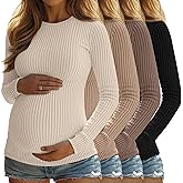 Sweetyweee 4 Pack Womens Maternity Shirts Ribbed Knit Long Sleeve Pregnancy Tops Casual Crew Neck Basic Tunic Shirts