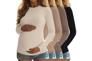 Sweetyweee 4 Pack Womens Maternity Shirts Ribbed Knit Long Sleeve Pregnancy Tops Casual Crew Neck Basic Tunic Shirts