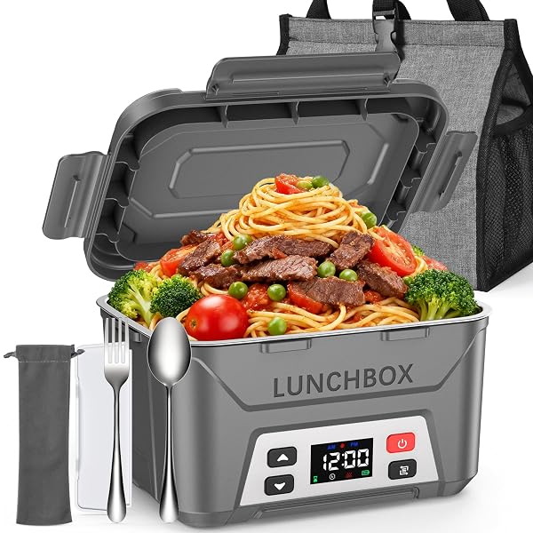 EAST OAK CORDLESS ELECTRIC LUNCH BOX FOR ADULTS, BATTERY POWERED HEATED LUNCH BOX FOR WORK, TRAVEL, 5.5 CUPS RECHARGEABLE SELF HEATING FOOD HEATER, MEMORY FUNCTION & AUTOMATIC KEEP WARM, GREY