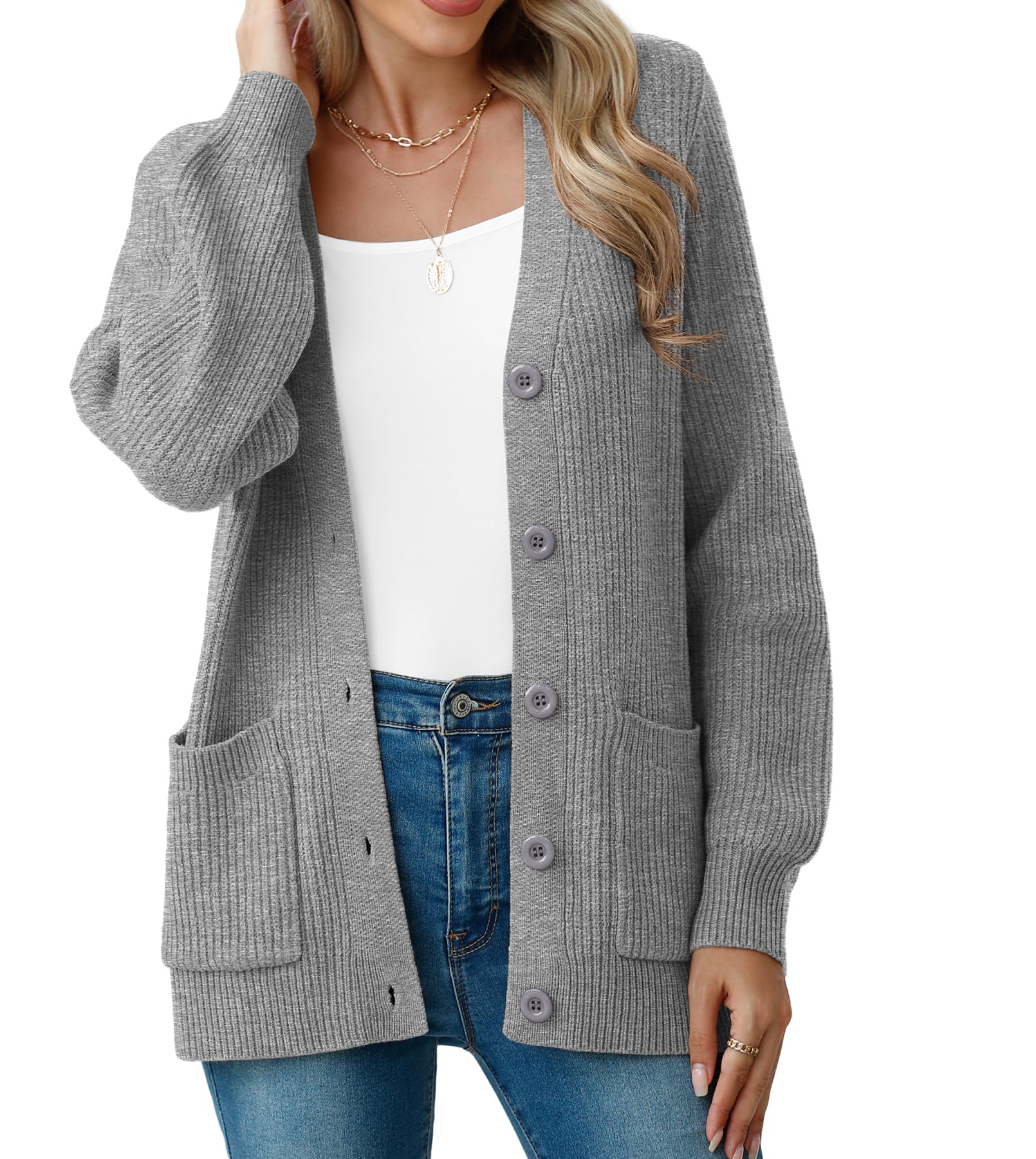 VIISHOW Women's 2025 Casual Long Sleeve Cardigan Sweater V Neck Button Down Open Front Chunky Knit Loose Oversized Sweater Coat,Hua Grey,XX-Large Image
