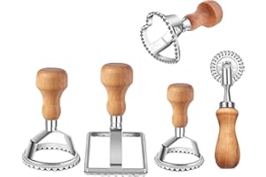 Ravioli Stamp Maker Cutter with Roller Wheel Set, Mold with Wooden Handle and Fluted Edge, Pasta Press Kitchen Attachment (3 
