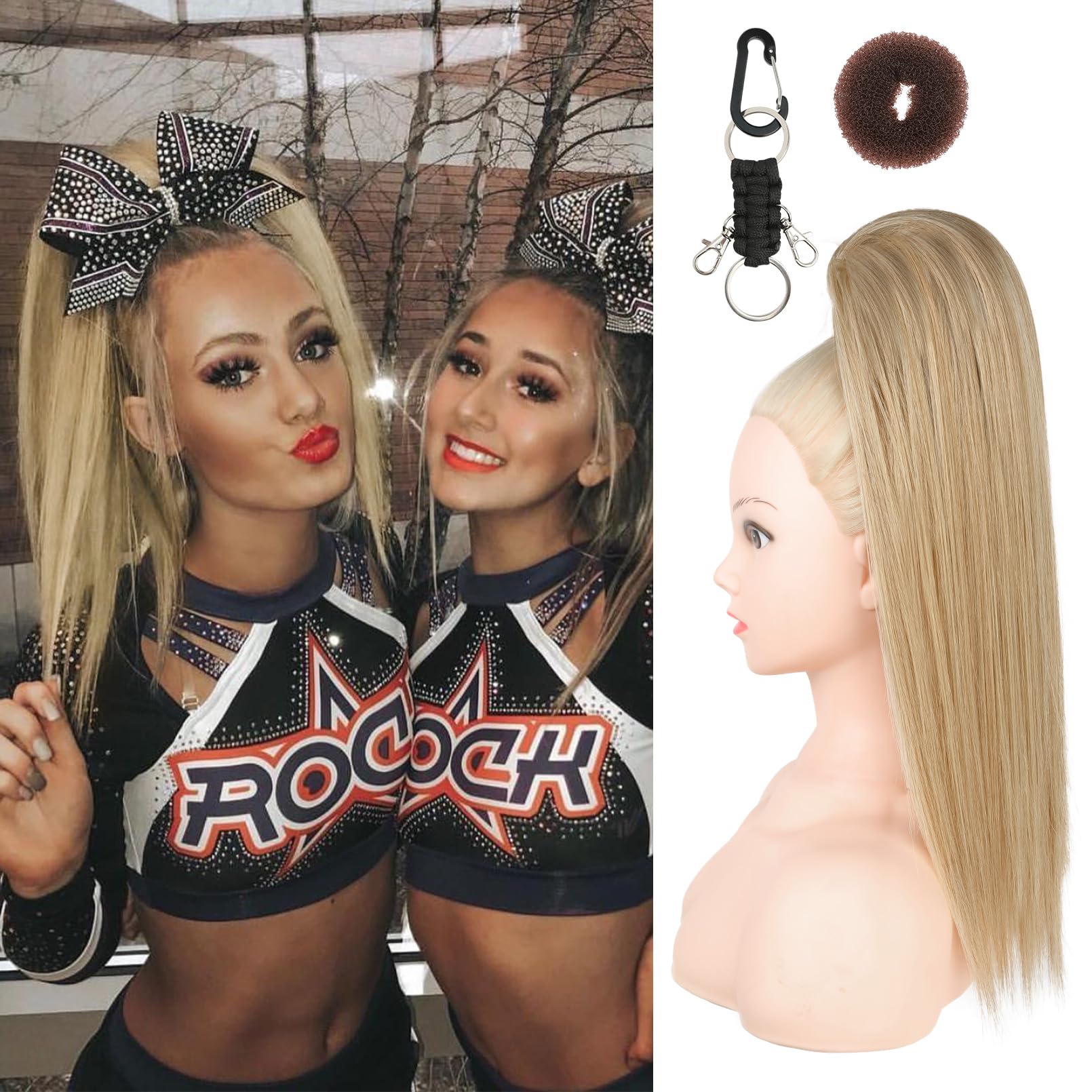 Photo 1 of SEIKEA Cheer Ponytail Hair Piece, 16" Straight Cheerleader Hairpiece Ponytail Extension for Cheerleader Competition, Dance, Medium Blonde