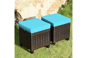 HAPPYGRILL 2pcs Patio Ottoman Set Outdoor Rattan Wicker Ottoman Seat with Removable Cushions Patio Furniture Footstool Footrest Seat