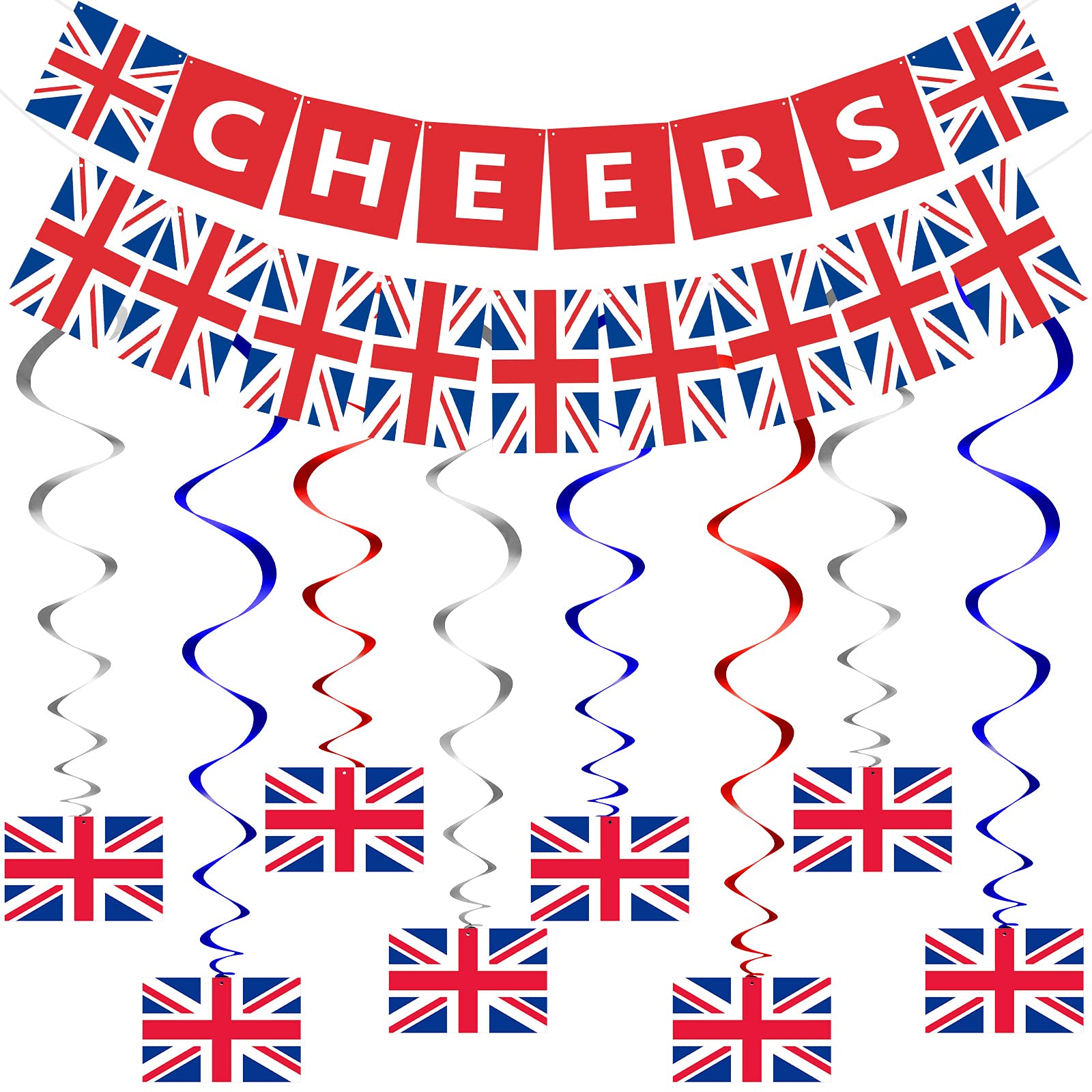 Photo 1 of 14 Pieces British Party Garland British Flag Hanging Garland Decor Include Cheers Bunting Banner UK Pennant Banner and Hanging Swirl UK Flag