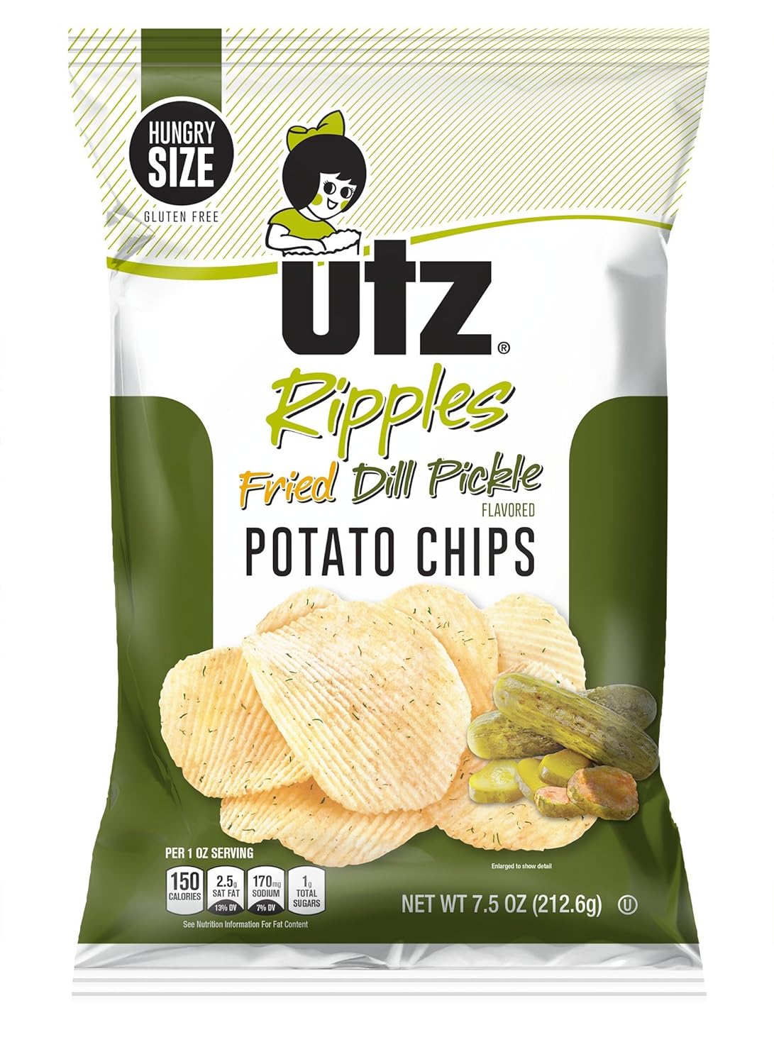 Utz Quality Foods Flavored Potato Chips 7.5 Ounce Hungry Size Bag (Fried Dill Pickle, 3 Bags)