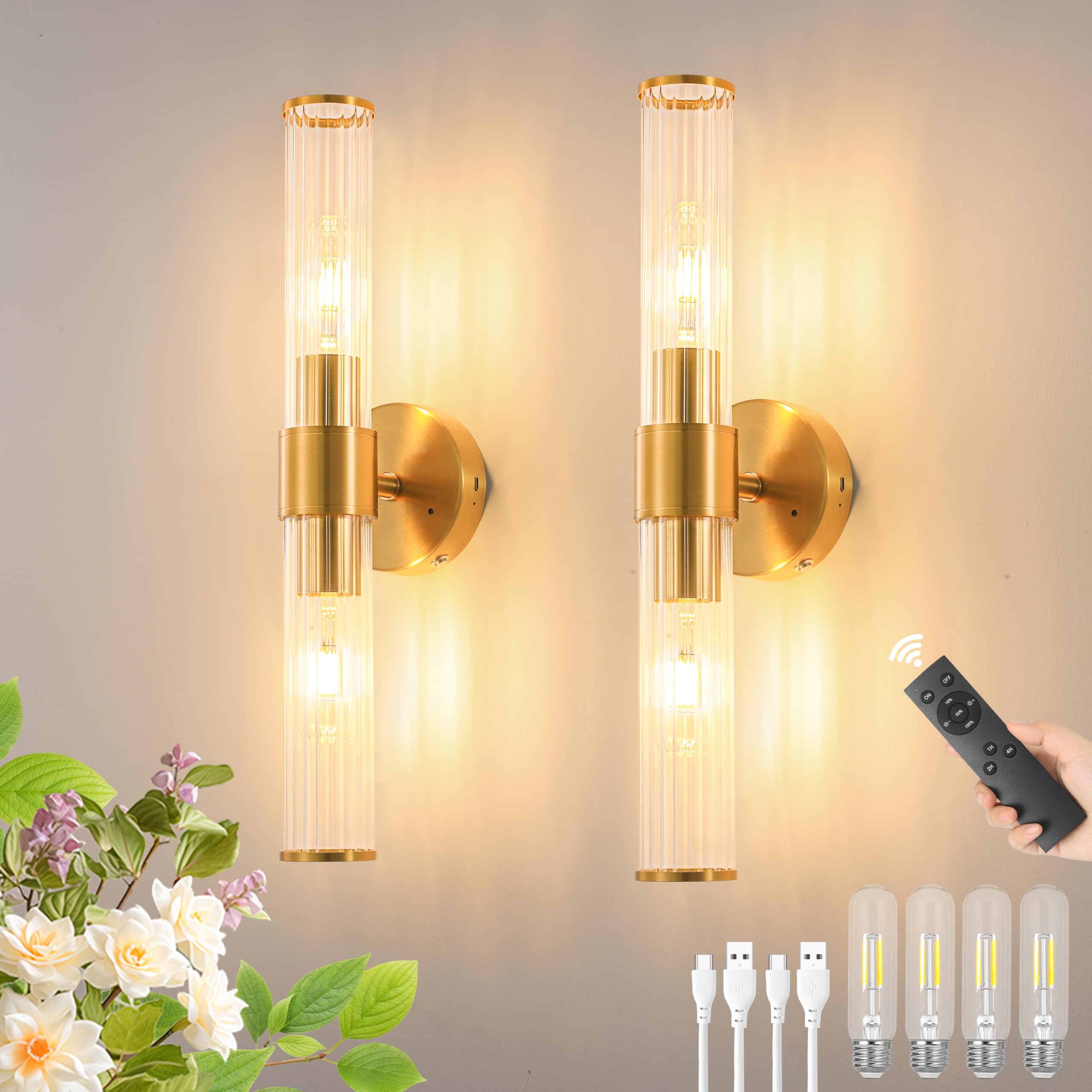 Photo 1 of Morauroral Gold Battery Operated Wall Sconces Set of Two, Rechargeable Wall Sconce with Dimmable Remote Control, 20 Inch Wireless Sconce Wall Light for Bedroom, Living Room (Bulbs Included)
