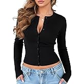 OZICERD Fall Knit Cropped Cardigan Sweaters for Women Lightweight Crew Neck Long Sleeve Button Open Front Y2k Crop Cardigan