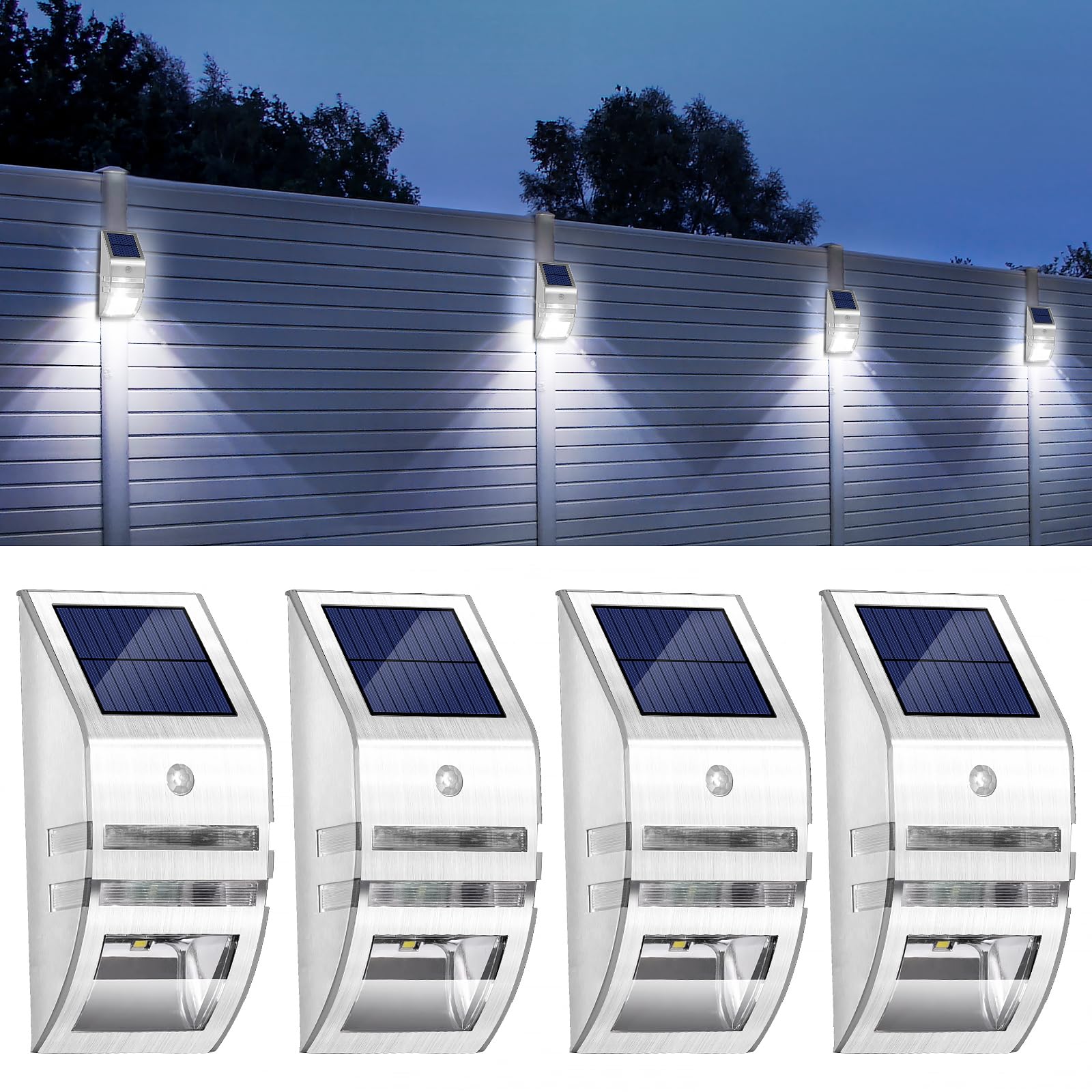 NEWNEN Outdoor Solar Lights with Motion Sensor:4 Pack Stainless Steel Wall Lights IP65 Waterproof Wireless Installation Perfect for Garden Fence Front Door Security Yard Lighting