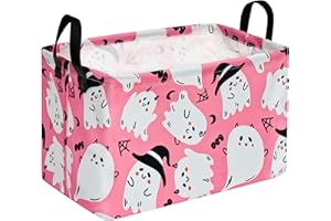 KUNRO Pink Ghost Pattern Halloween Storage Gift Basket Canvas Storage Bins with Handles Rectangle Storage Cubes Organizer for Bedroom Living Room