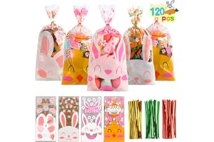 LOKIPA Easter Celllophane Treat Bags, 120 Pieces Clear Easter Candy Bags with 150 Twist Ties for Easter Supplies