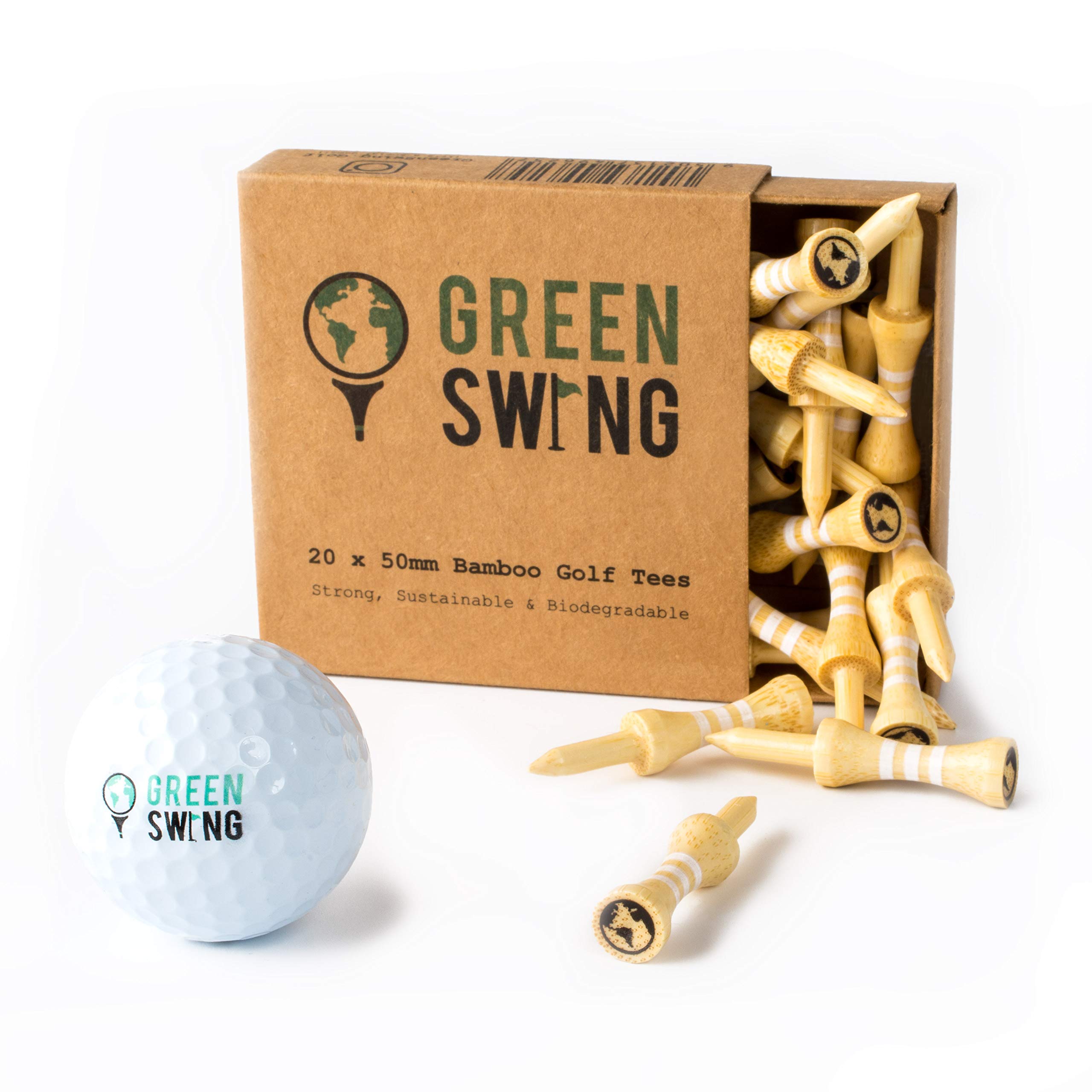 Green Swing Bamboo Golf Tees 50mm | Strong Sustainable Biodegradable | 20pcs (Natural Edition)